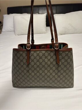 Gucci Beige Monogram Tote with Brown Leather Straps and Red-Green Interior